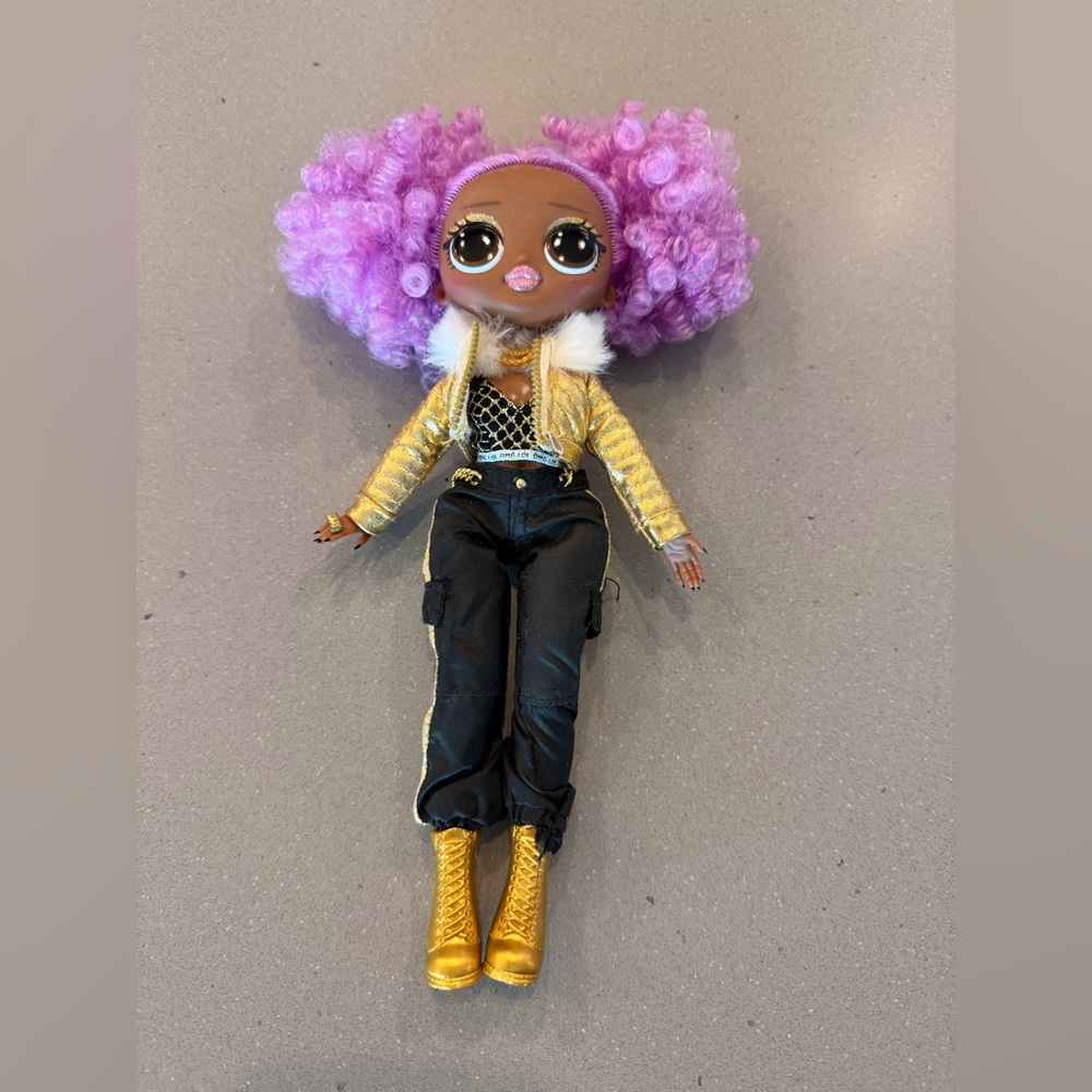 Glamorous Doll with Curly Purple Hair and Gold Jacket